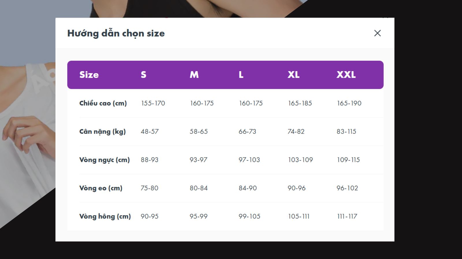 Bảng size áo tham khảo